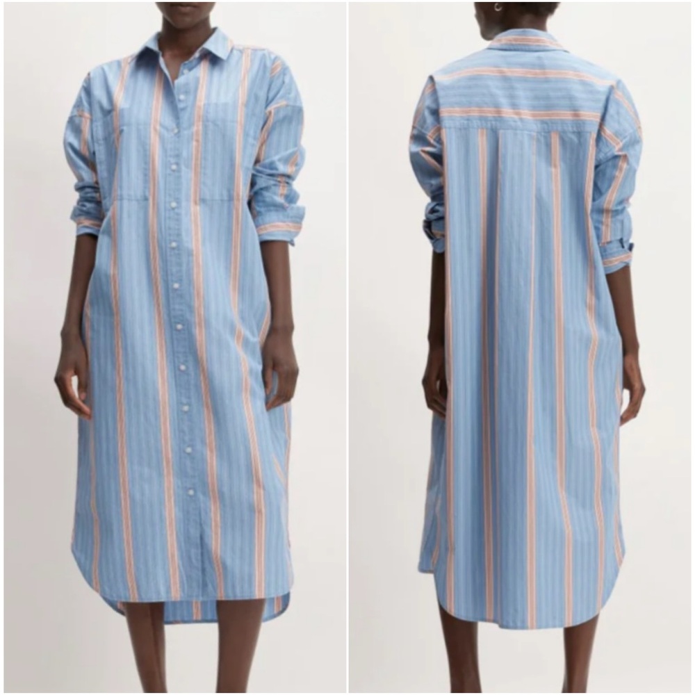 Everlane Blue and Peach Striped Cotton Midi Shirt Dress
